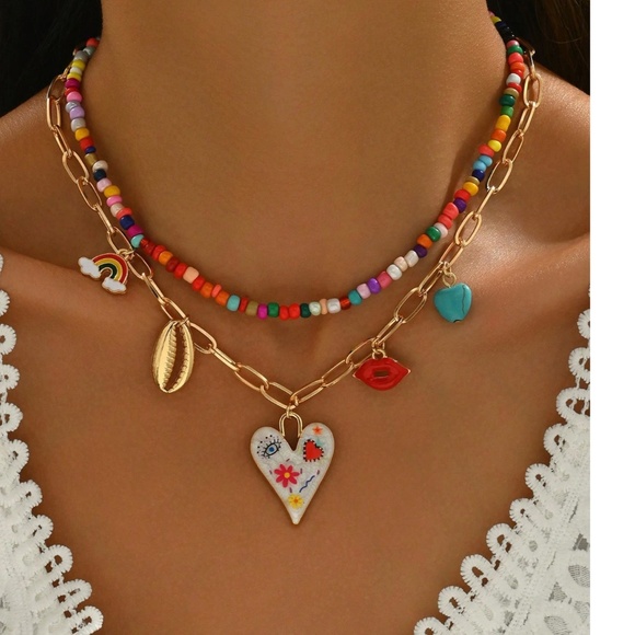 Boho Gold tone Heart Lips Shell rainbow Multilayer Necklace Set - Picture 1 of 4